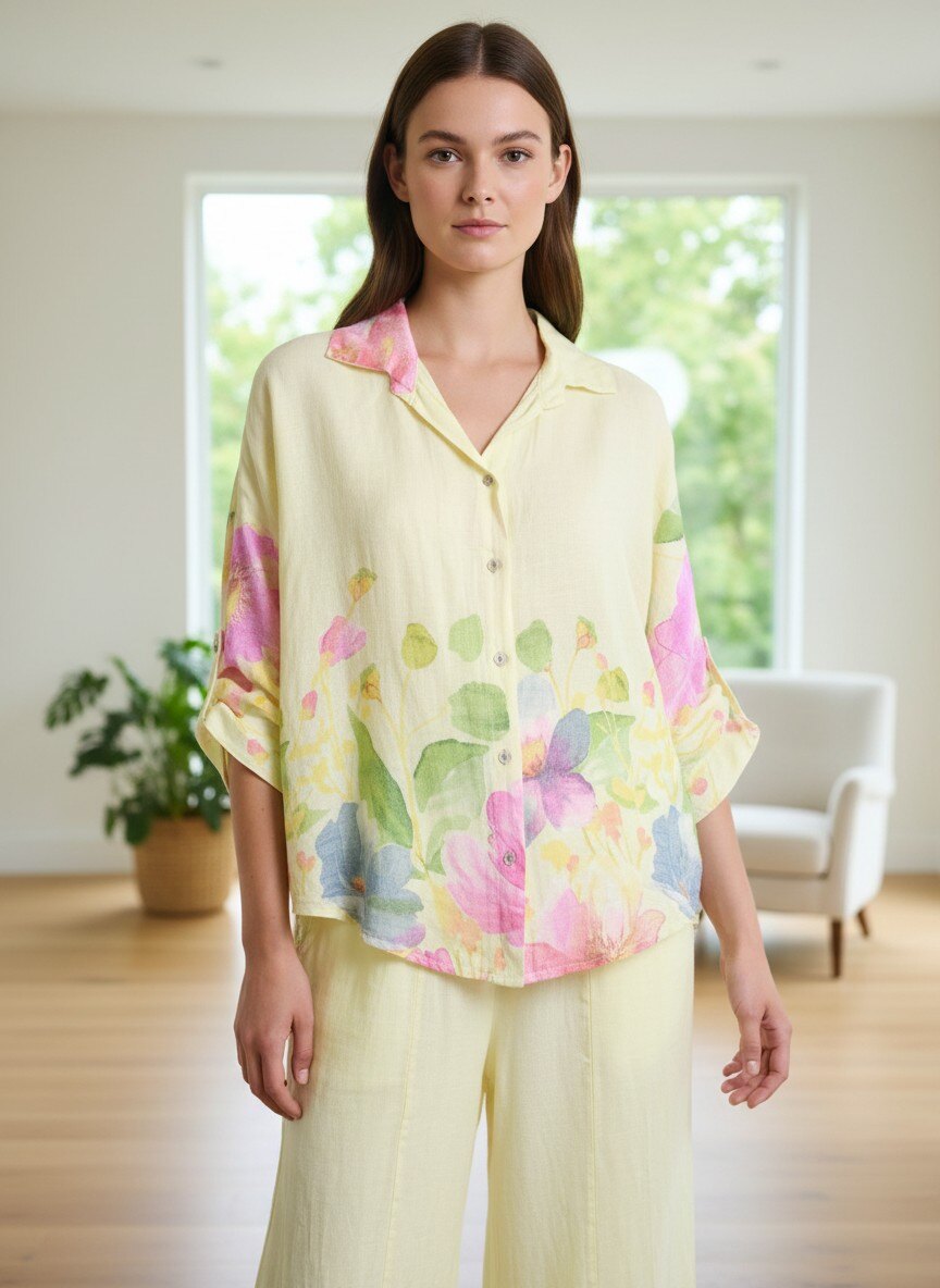 Wholesaler SHYLOH - Floral Print Linen Shirt with Roll-Up Sleeves