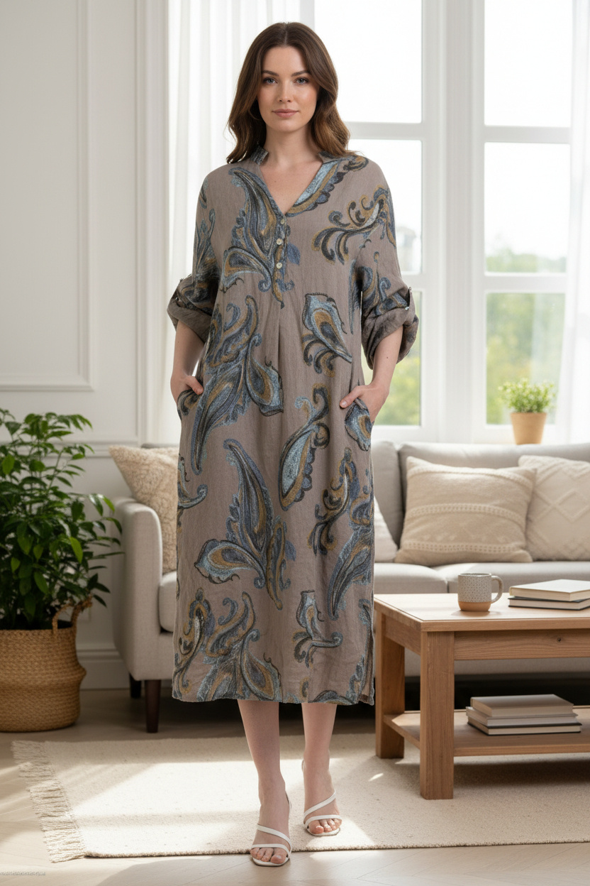 Mayorista SHYLOH - Vestido de lino estampado de Cachemira