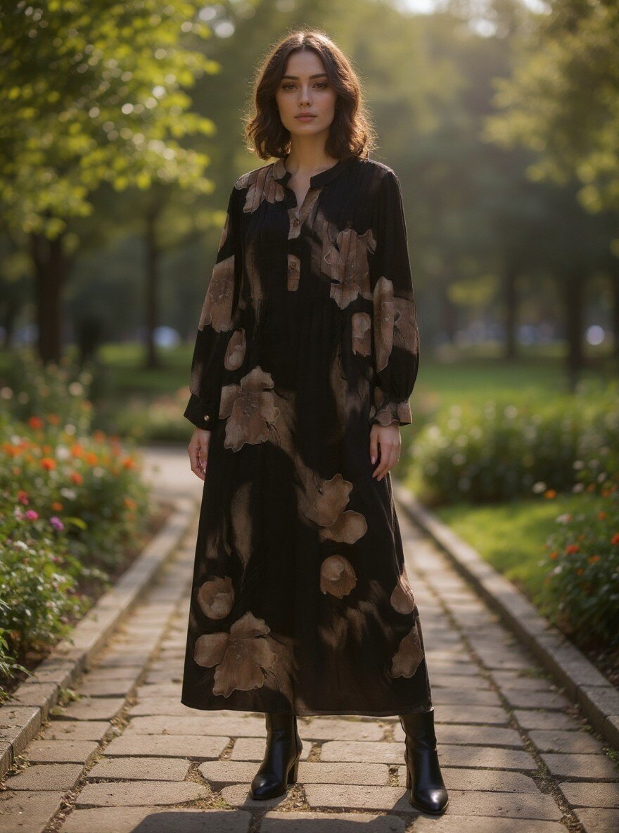 Grossiste SHYLOH - Robe longue en velours côtelé fleurie à col tunisien