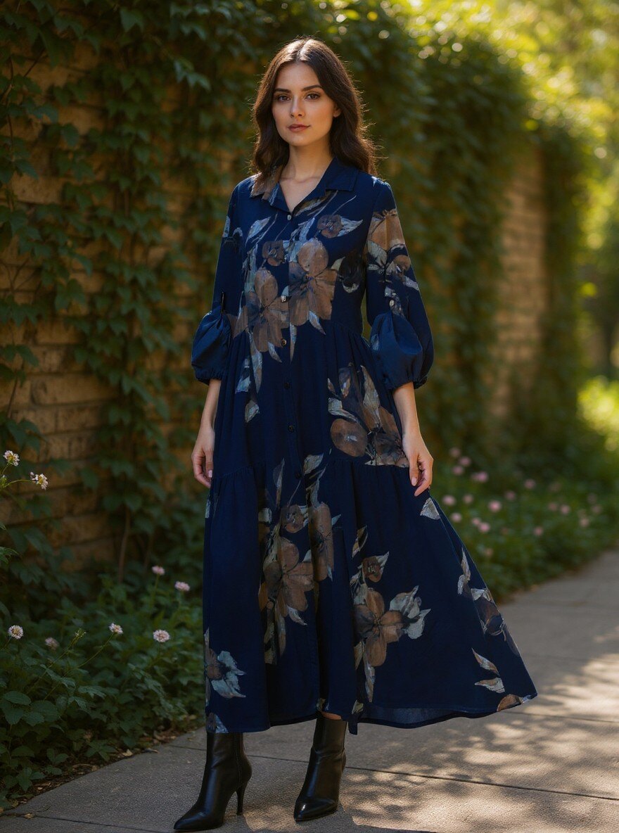 Grossiste SHYLOH - Robe chemise longue fleurie en velours côtelé