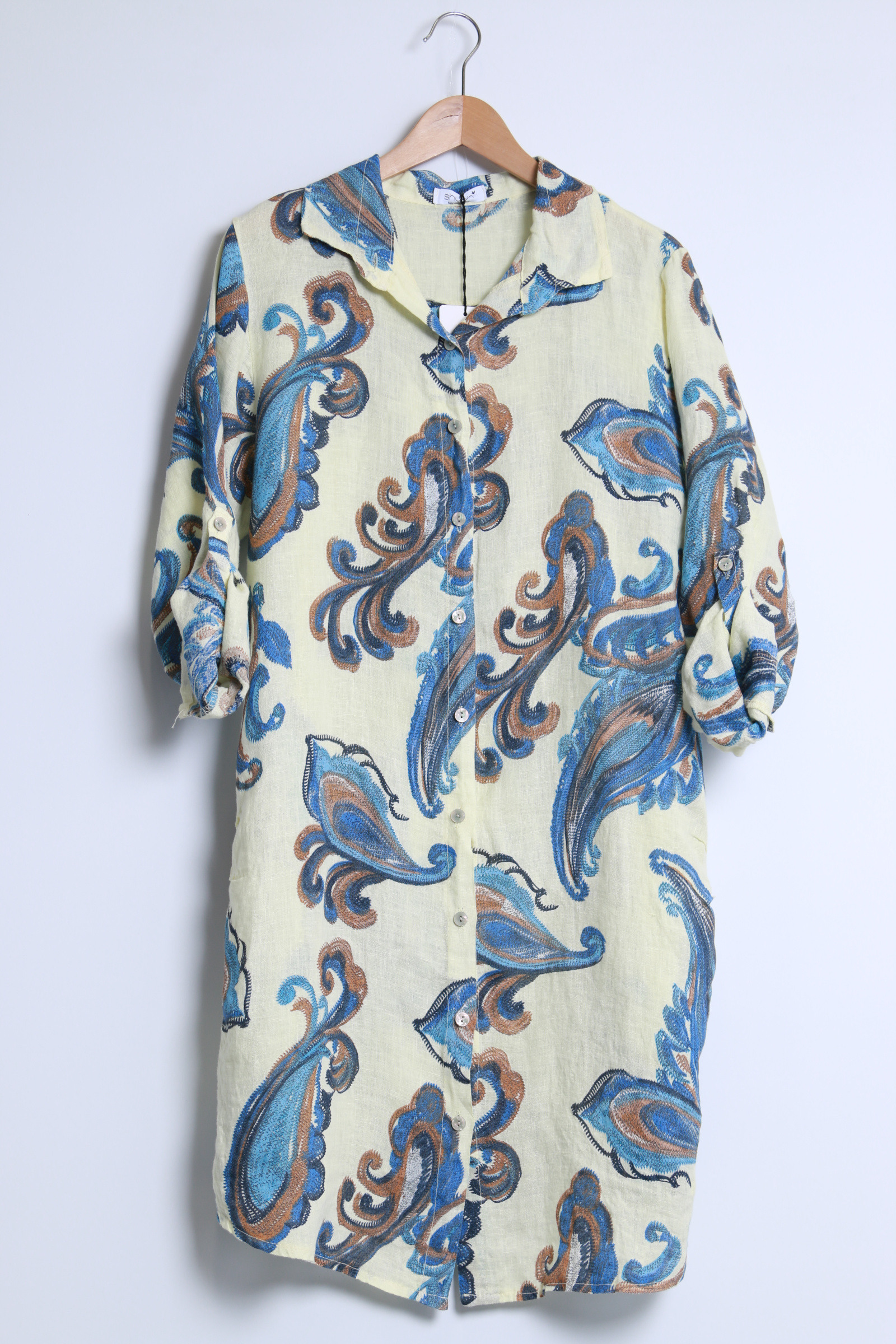 Mayorista SHYLOH - Vestido camisero de lino con estampado de cachemira