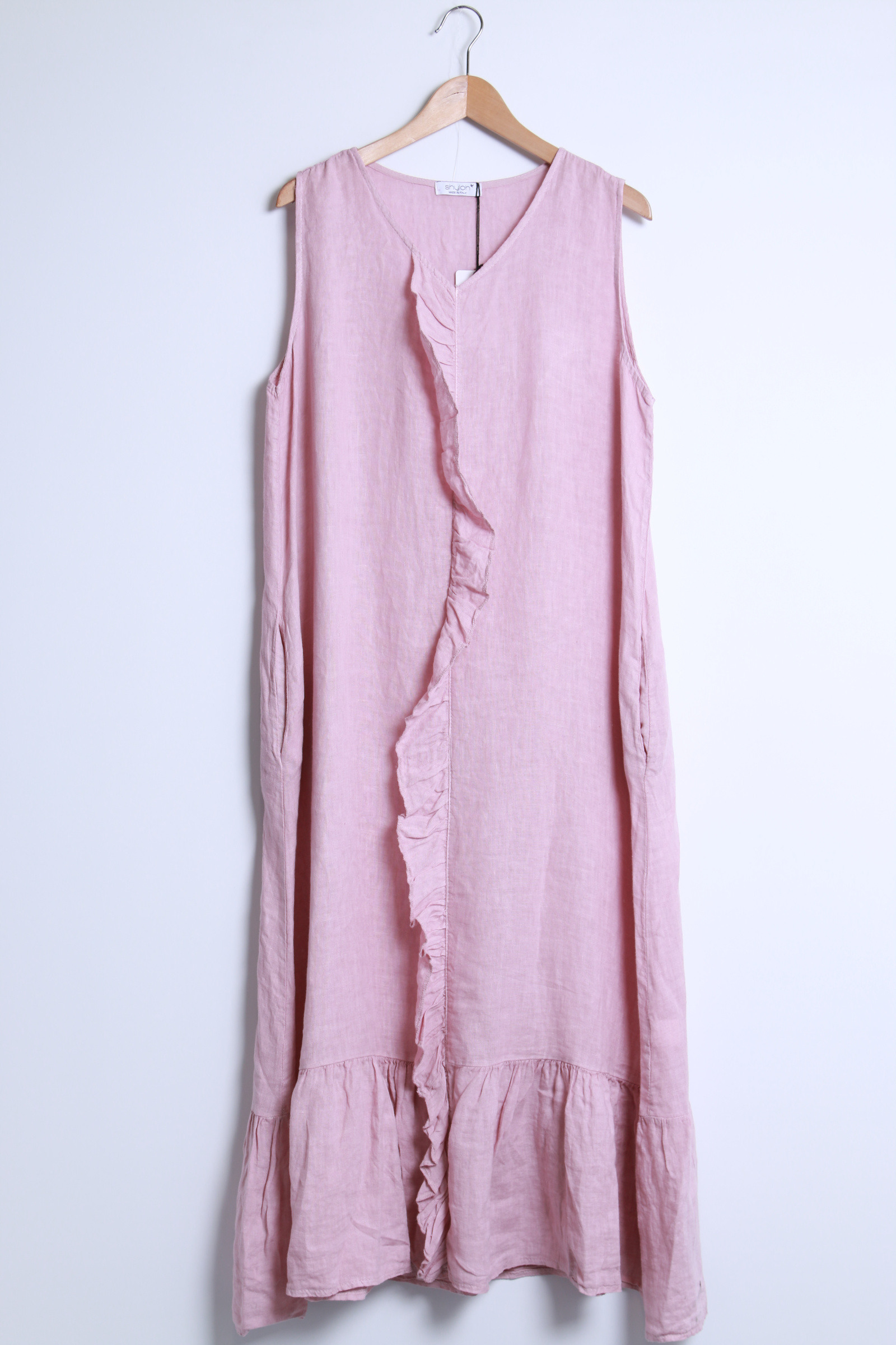 Mayorista SHYLOH - Vestido de lino con volante delantero, 2 bolsillos, sin mangas