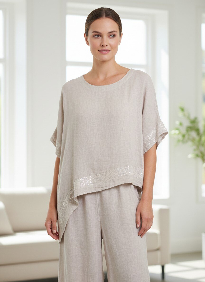 Wholesaler SHYLOH - Asymmetric linen top with sequins