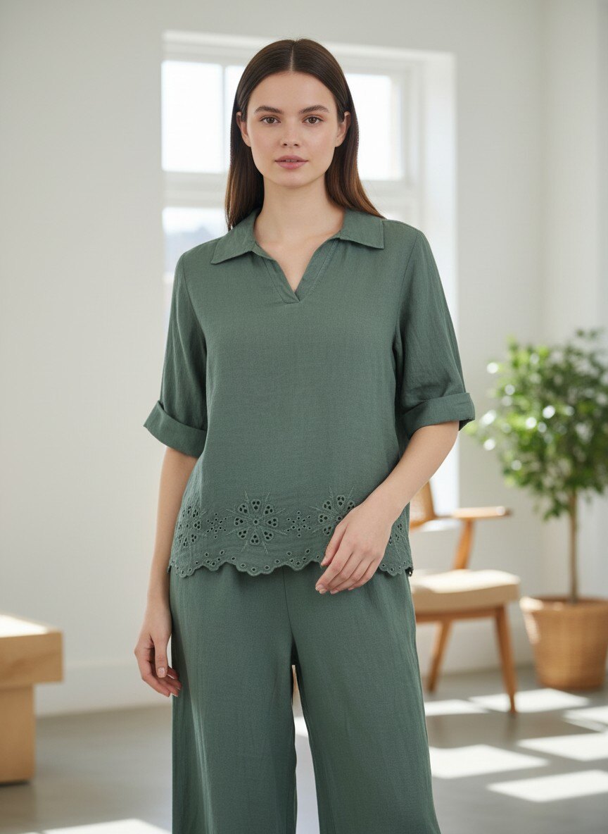 Wholesaler SHYLOH - Flowy Tunic Shirt Collar with Eyelet Embroidery