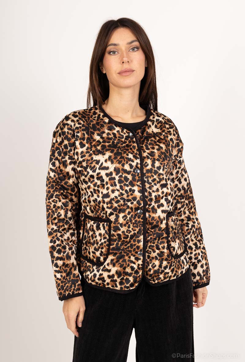Großhändler SHYLOH - Gesteppte Stoffjacke mit 2 Taschen, Leopardenmuster