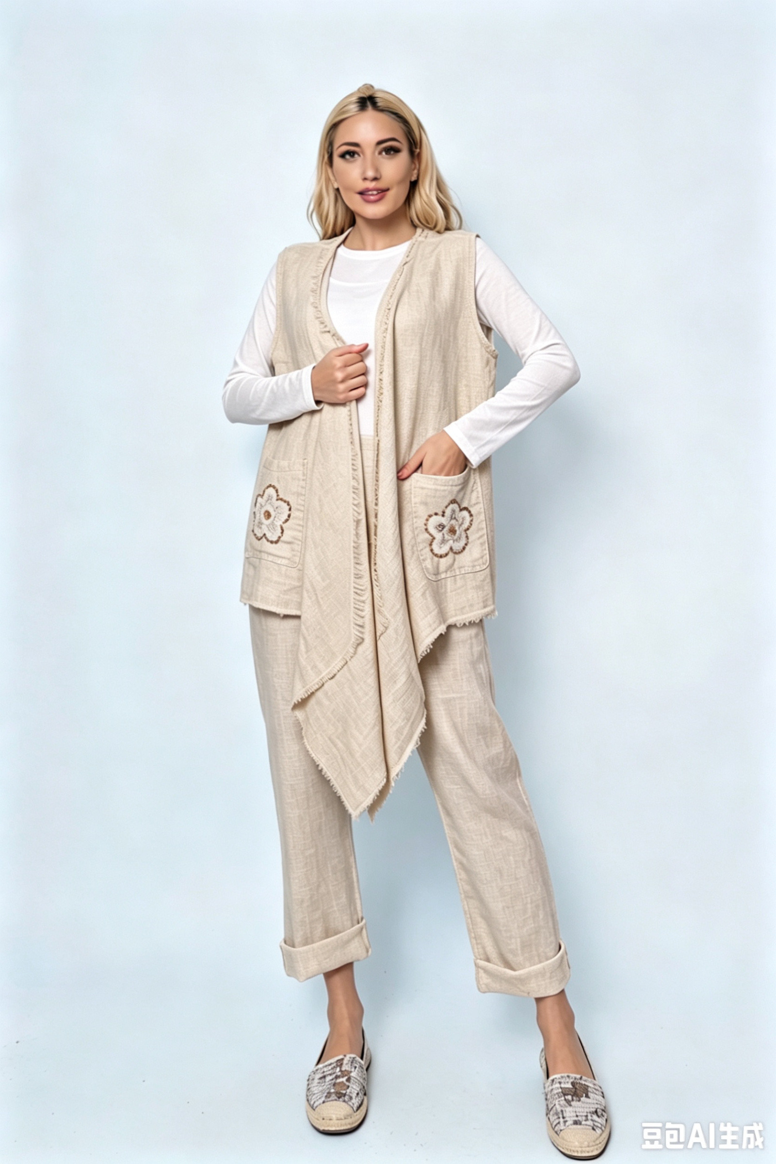 Wholesaler SILVIA - 100% LINEN VEST WITH EMBROIDERY ON THE POCKET