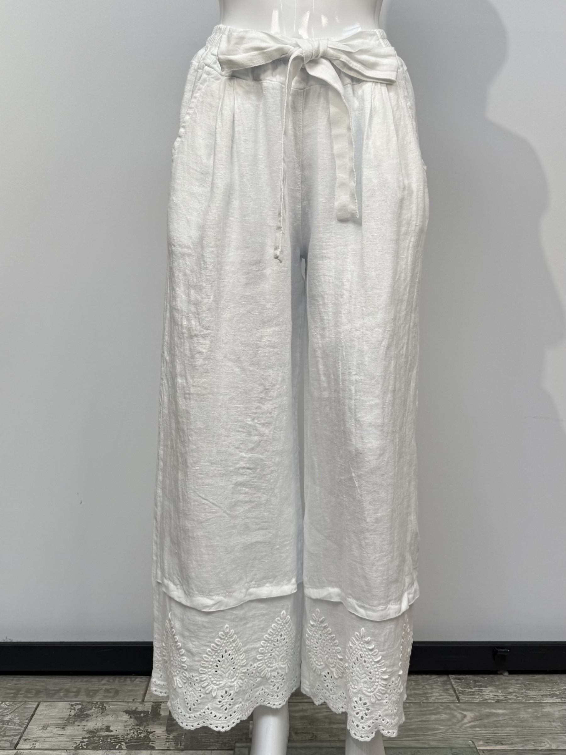 Grossista SILVIA - Pantalone puron lino a gamba larga con ricamo