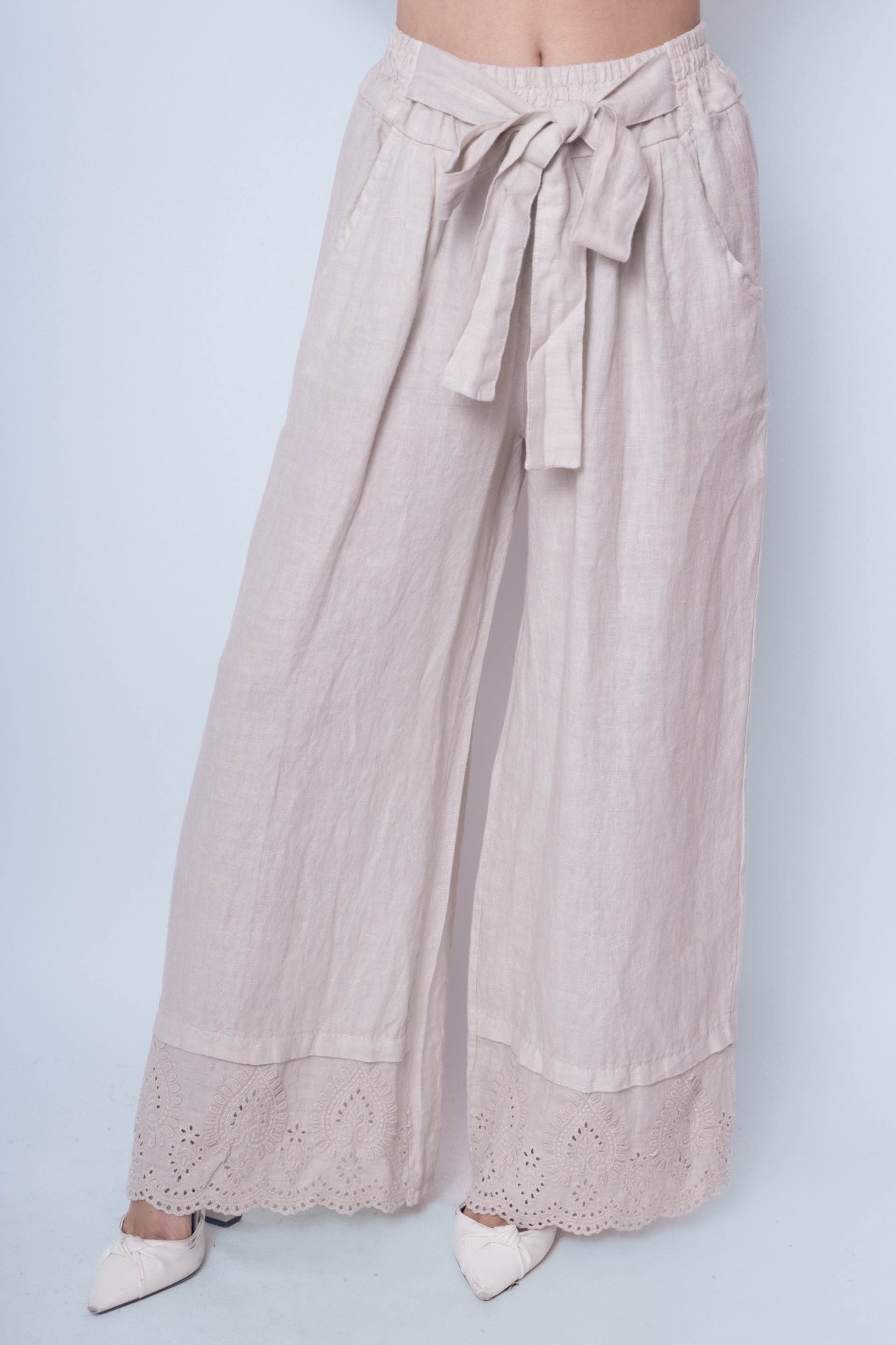 Wholesaler SILVIA - Pure linen wide-leg trousers with embroidery