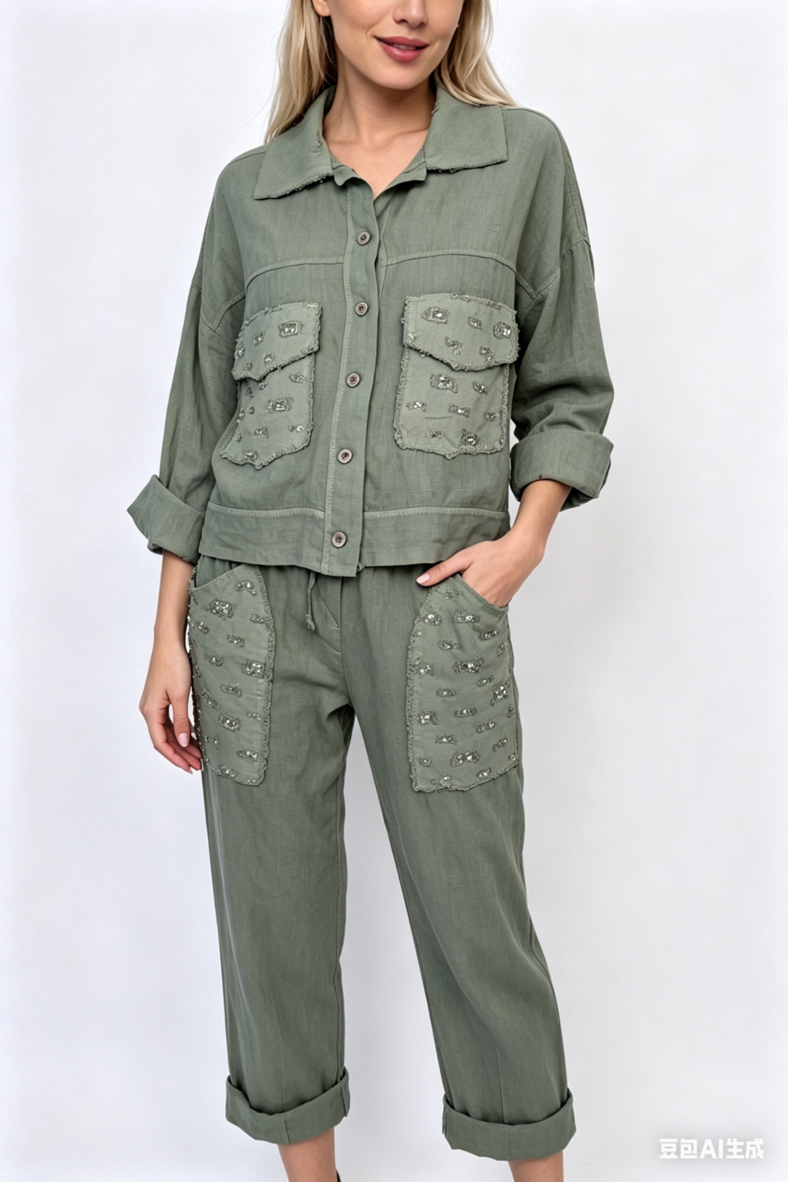 Wholesaler SILVIA - Short jacket in pure linen with denim fabric collar