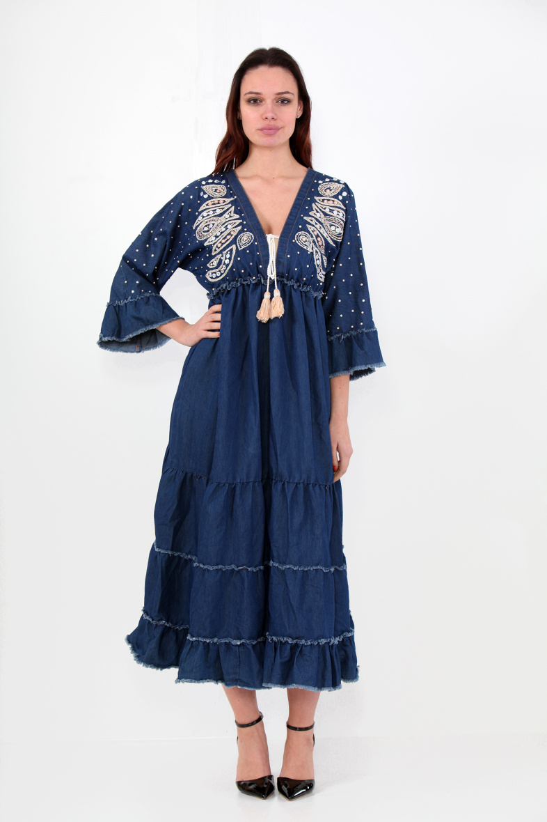Long blue denim dress, with splendid white thread embroidery