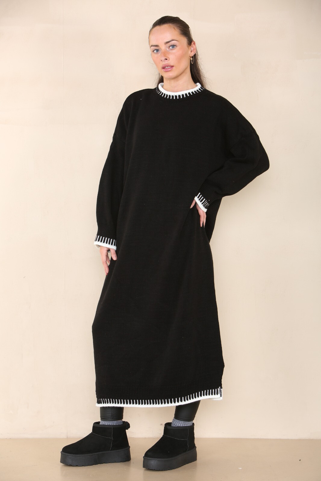 Wholesaler SK MODE - Long sweater dress for winter with trendy stitch embroidery (ref. 23511SK)