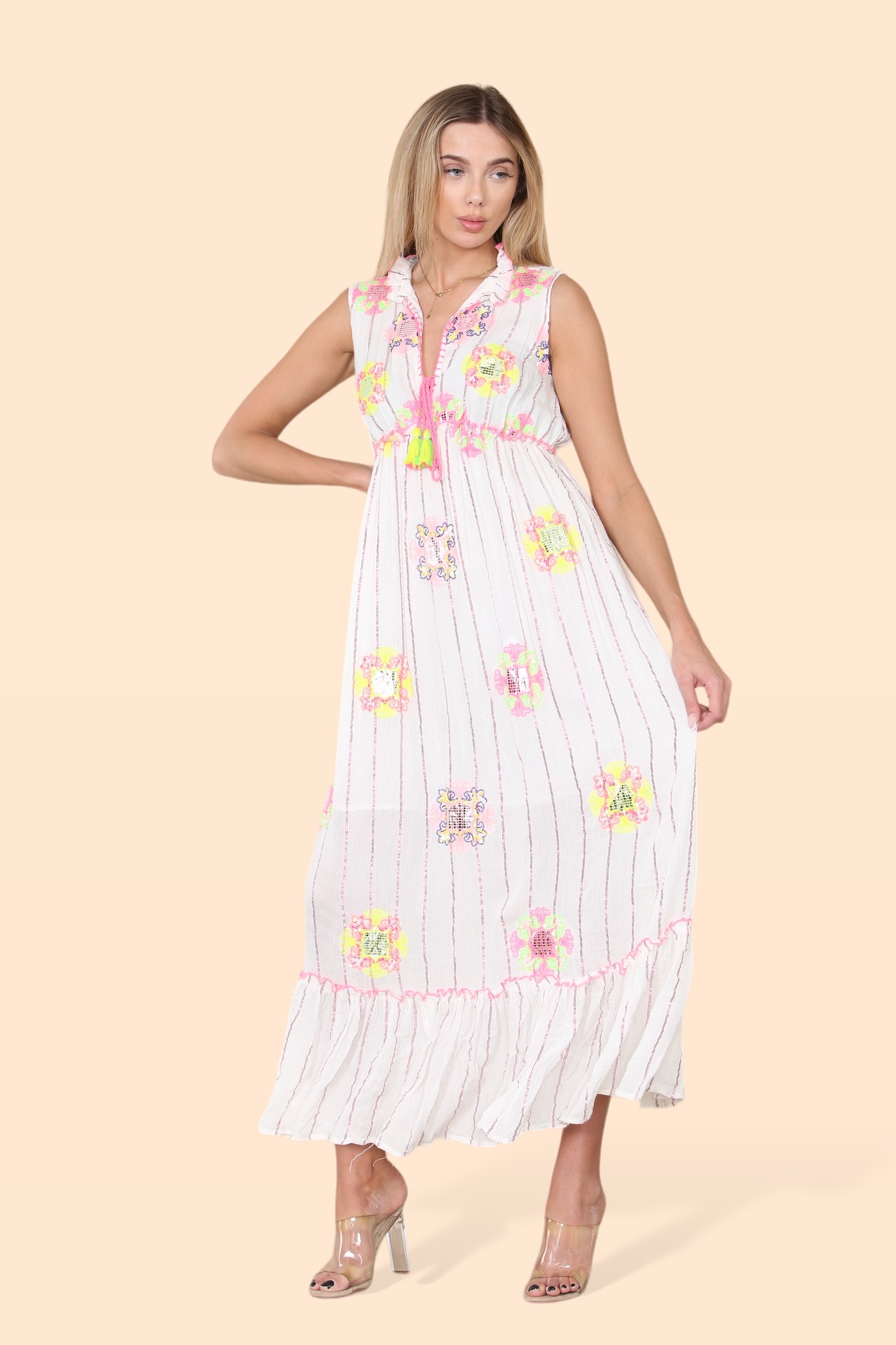 Großhändler SK MODE - Langes ärmelloses Damenkleid (Ref. SK6166) mit Kragen.