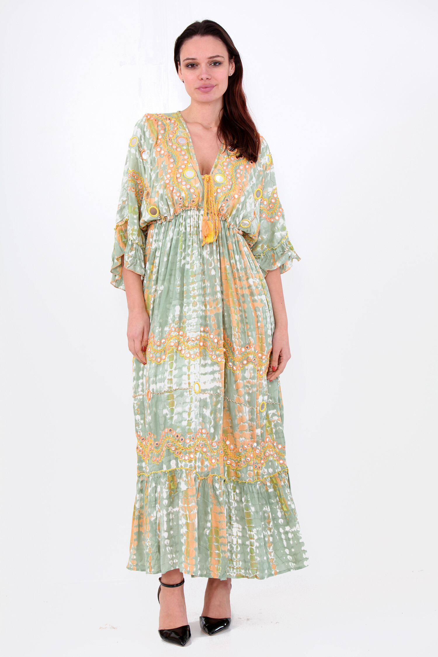 Wholesaler SK MODE - Long dress in V -neck for women, round sequence, mirror design