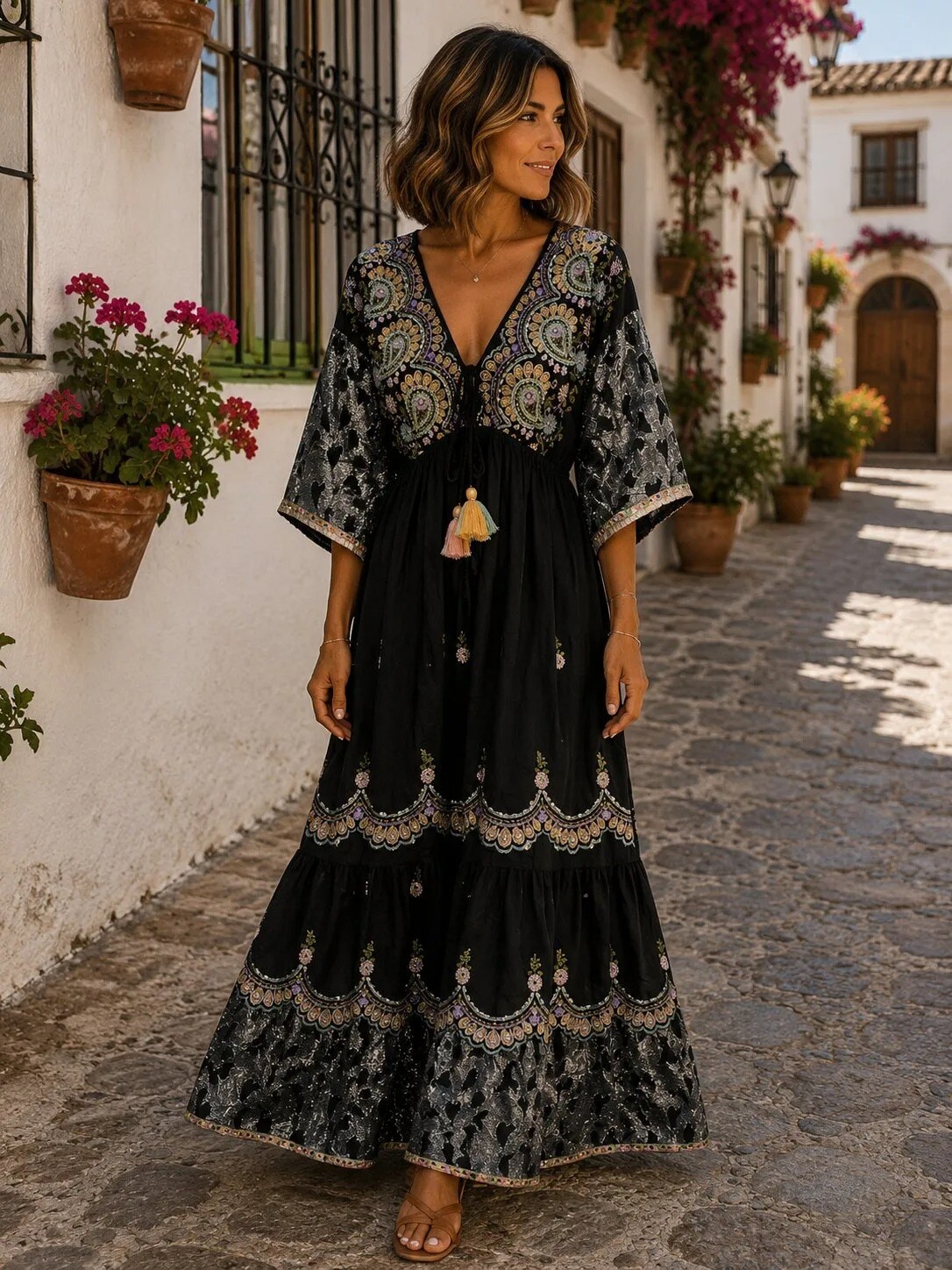 Grossiste SK MODE - Robe Maxi Bohème Brodée pour Femme – Col en V, Manches Fluides, Style Ibiza Chic-SK-013