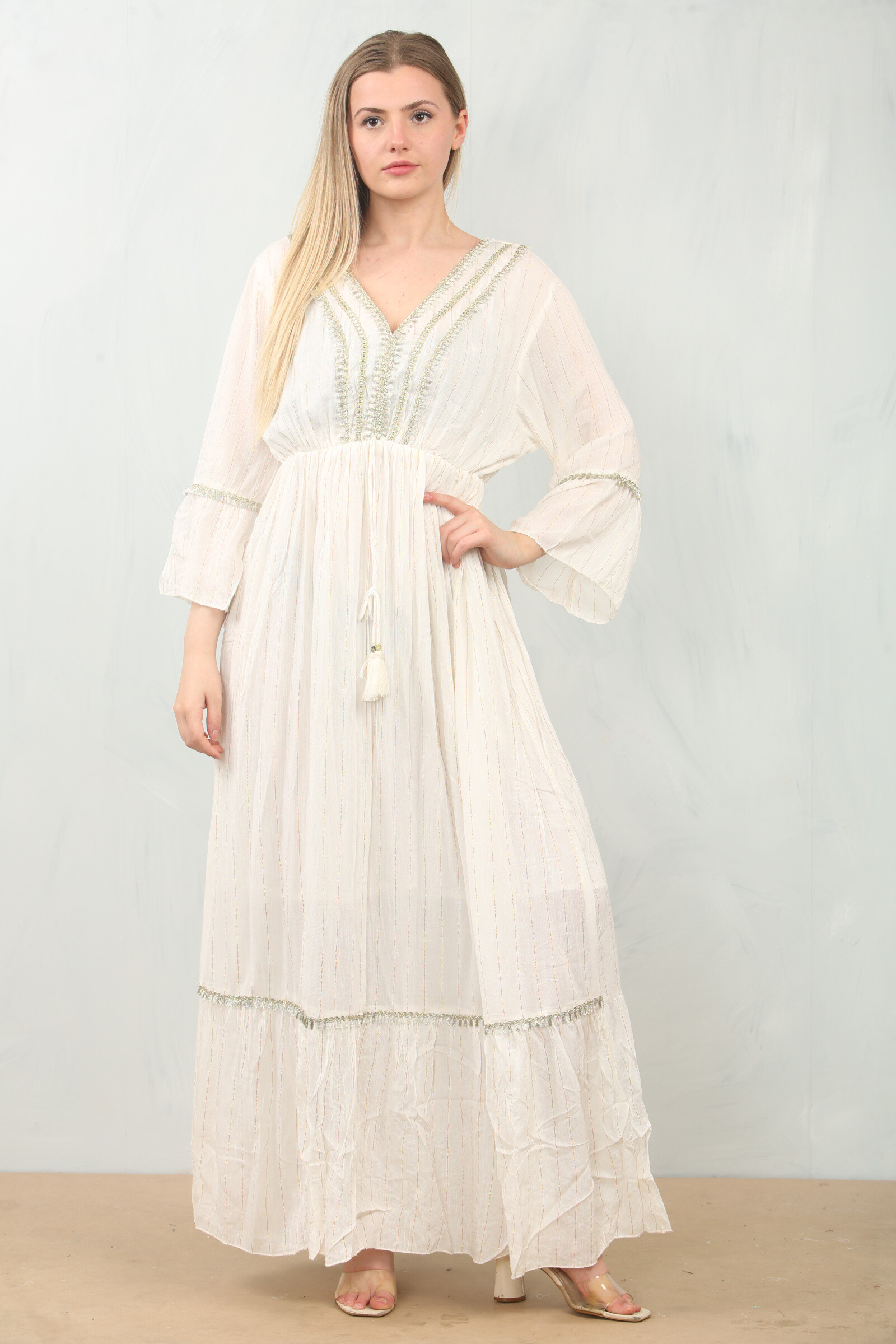 Wholesaler SK MODE - Long-embroidered Lurex cotton dress with SK-040 mirror and pearls
