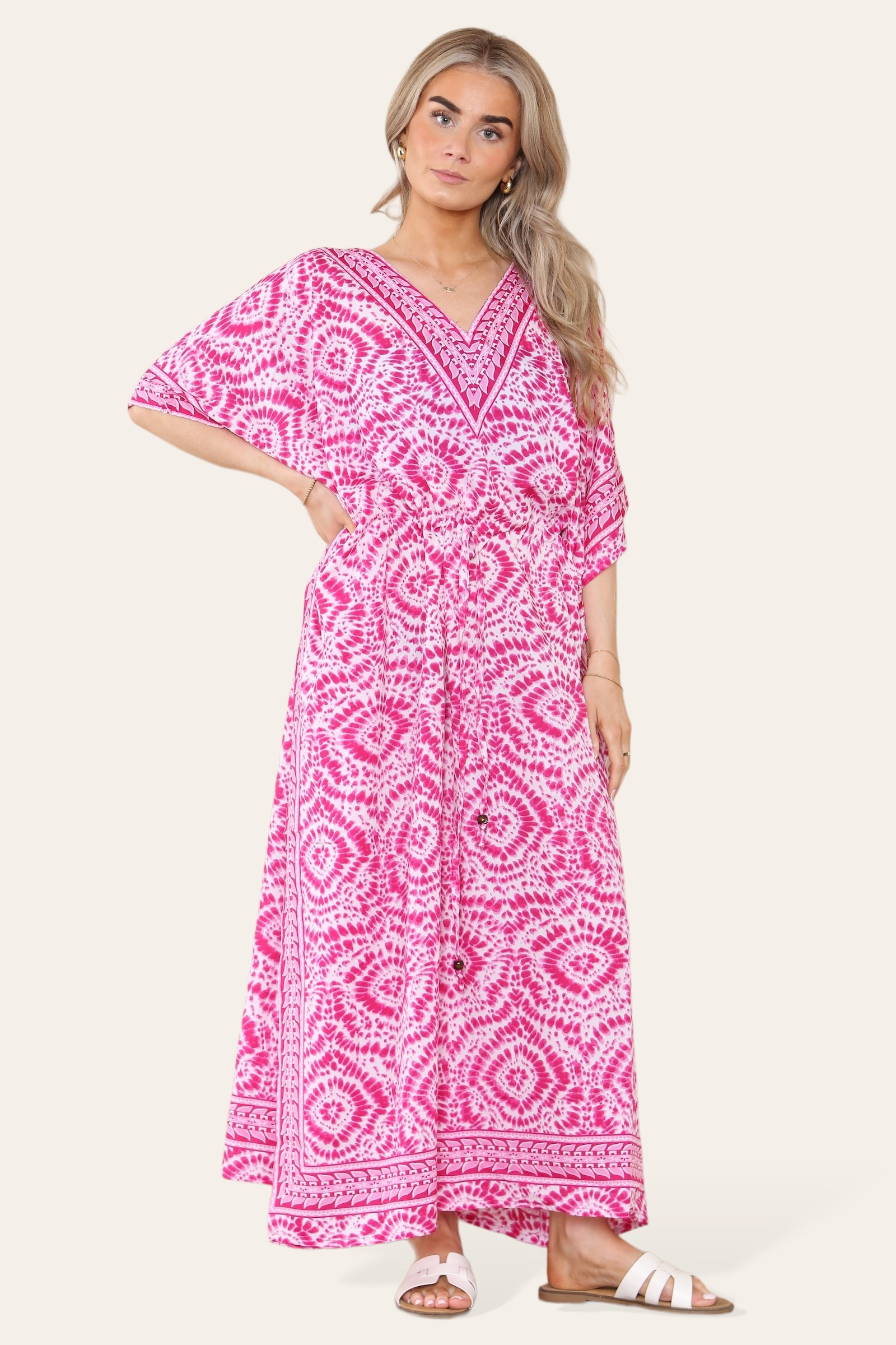 Großhändler SK MODE - Grünes Boho-Tie-Dye-Maxikleid mit V-Ausschnitt Ref-1060-L