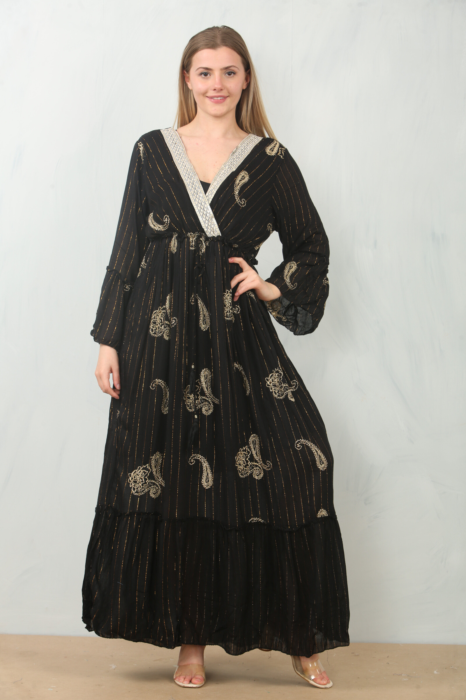 Wholesaler SK MODE - Long Women's Dress Cache in embroidered viscose with gold-031 gold patterns
