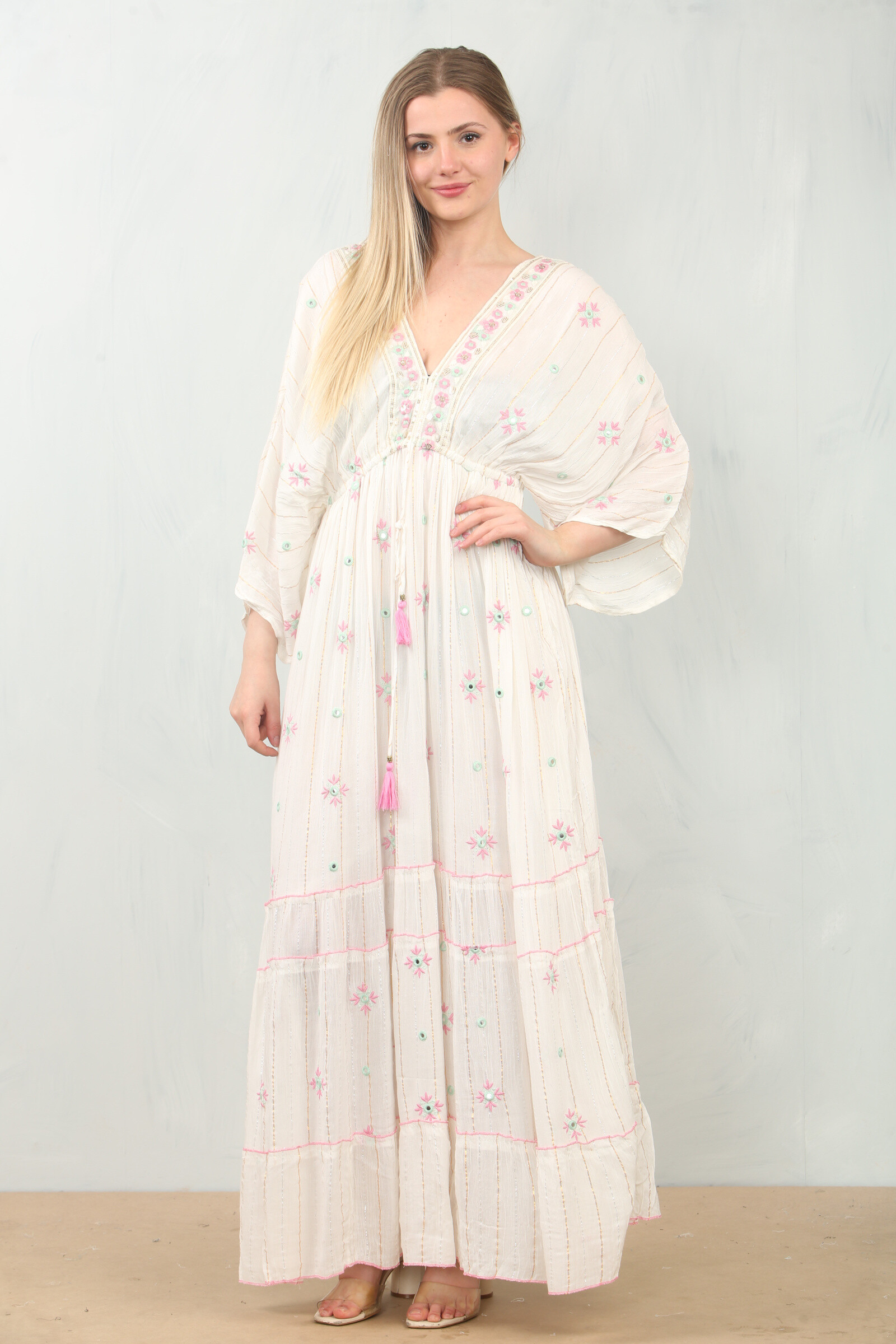 Wholesaler SK MODE - Long embroidered dress bohemian style in light viscose with deep v-018 neck