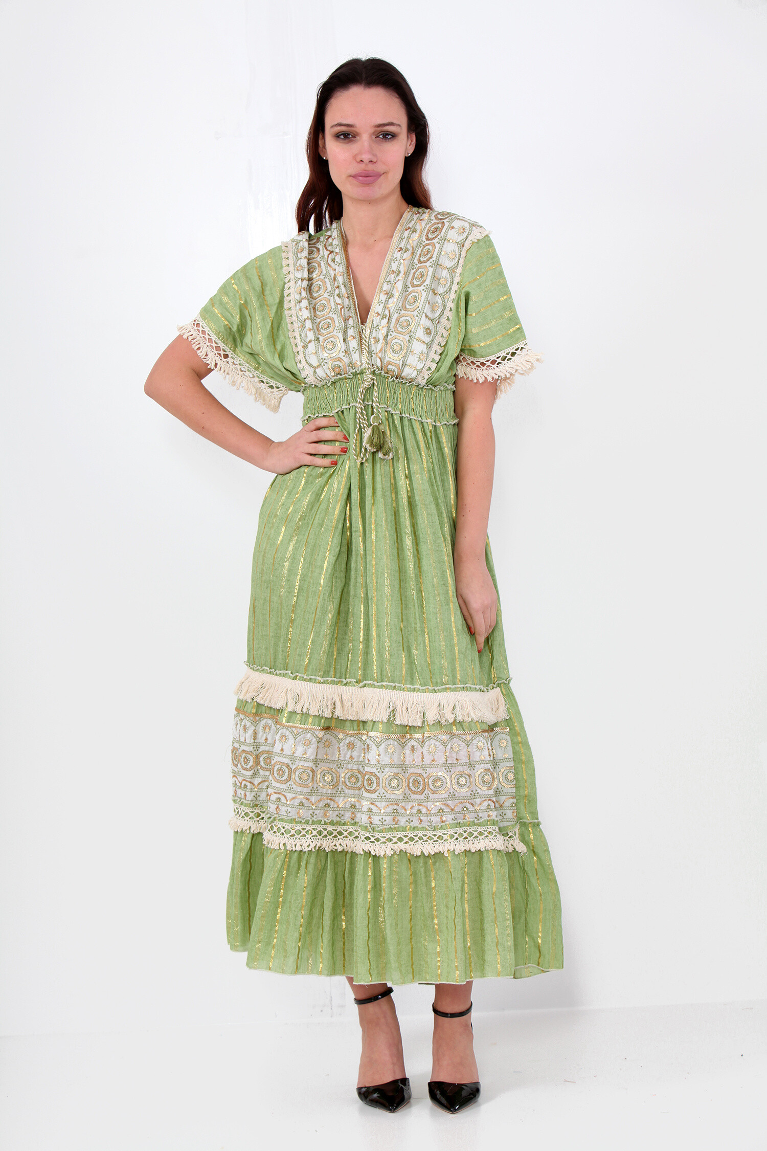 Wholesaler SK MODE - Long dress with V -neck, elastic belt style