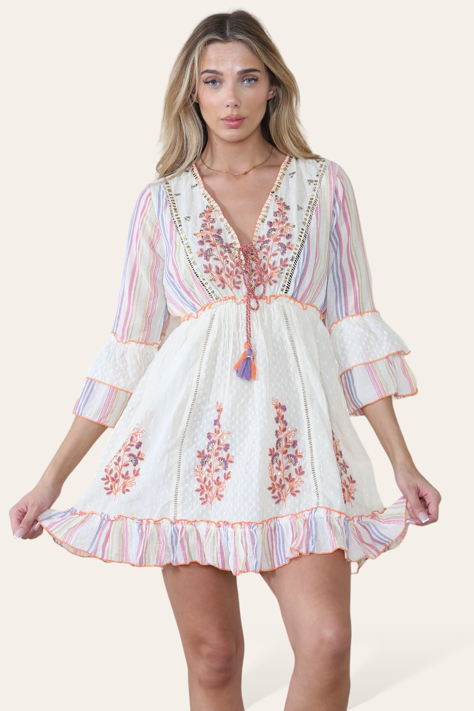 Wholesaler SK MODE - Short dress flywheel V -neck V lace horizontal strip colorful colored colored