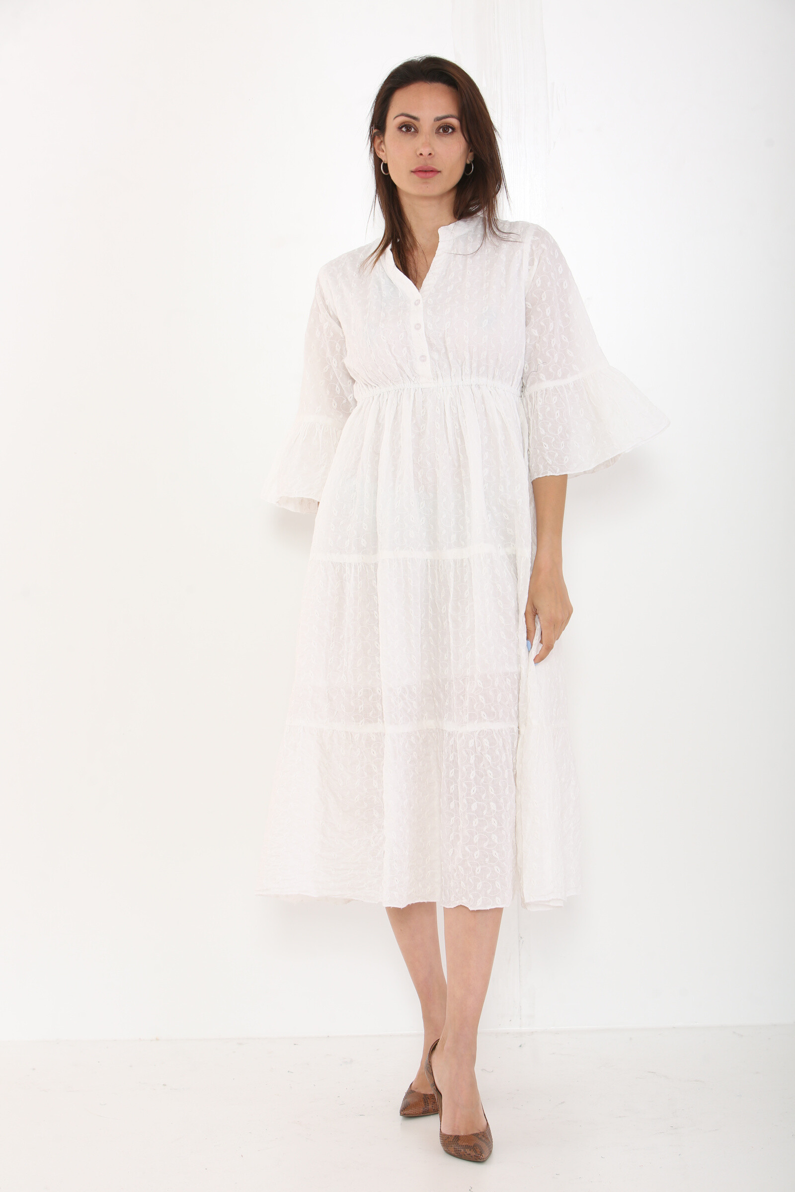 Wholesaler SK MODE - Long cotton dress, button v -neck, long sleeves