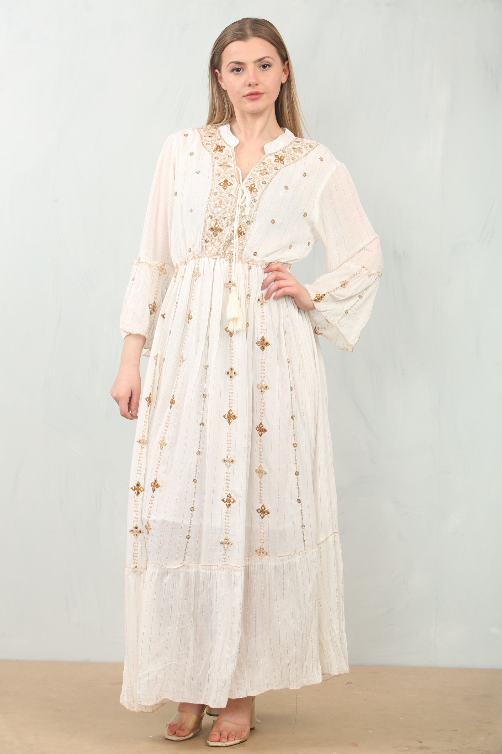 Wholesaler SK MODE - Long bohemian dress embroidered with light viscose with metallic threads, Ref SK-035