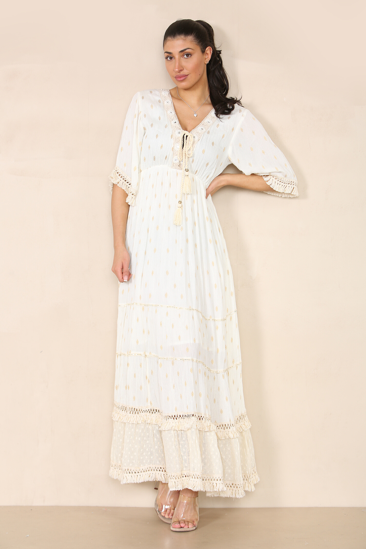Wholesaler SK MODE - Long dress V -neck woman 3/4 sleeves with tightening cord