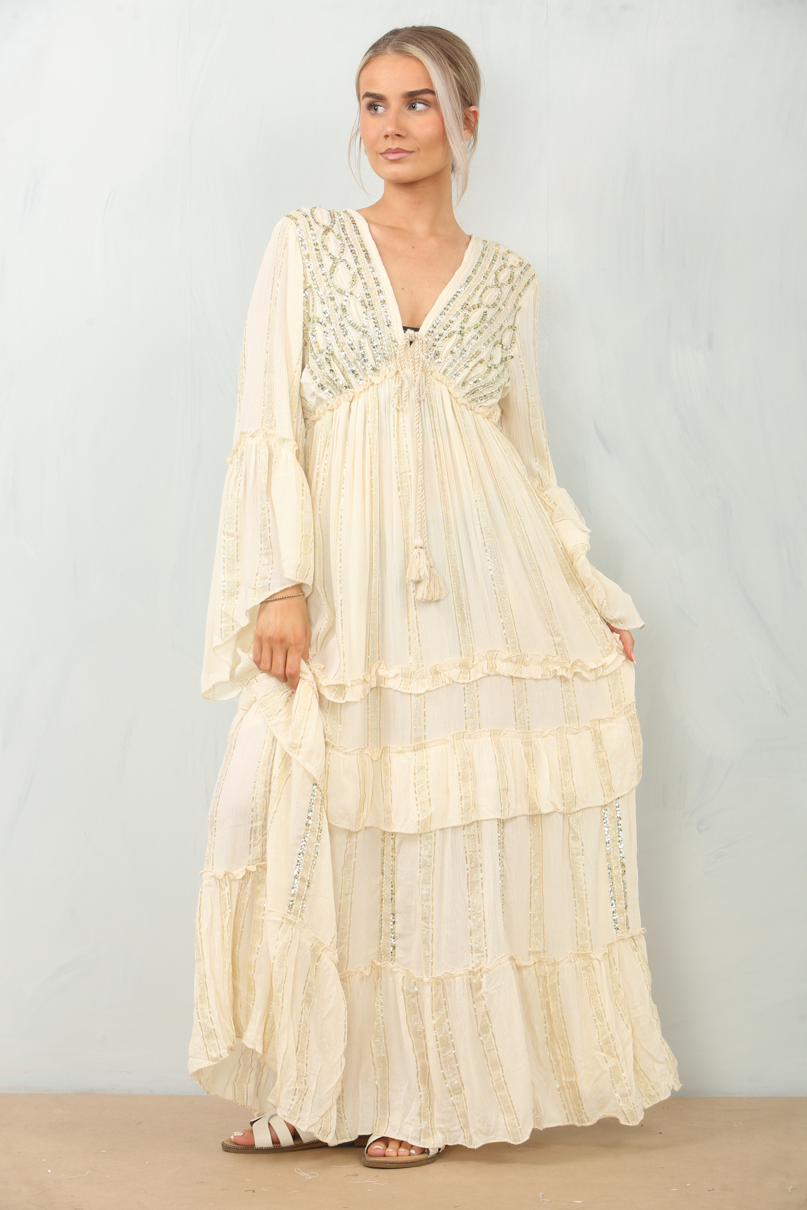 Wholesaler SK MODE - Ivory bohemian long dress with sequins – Ref. 2013