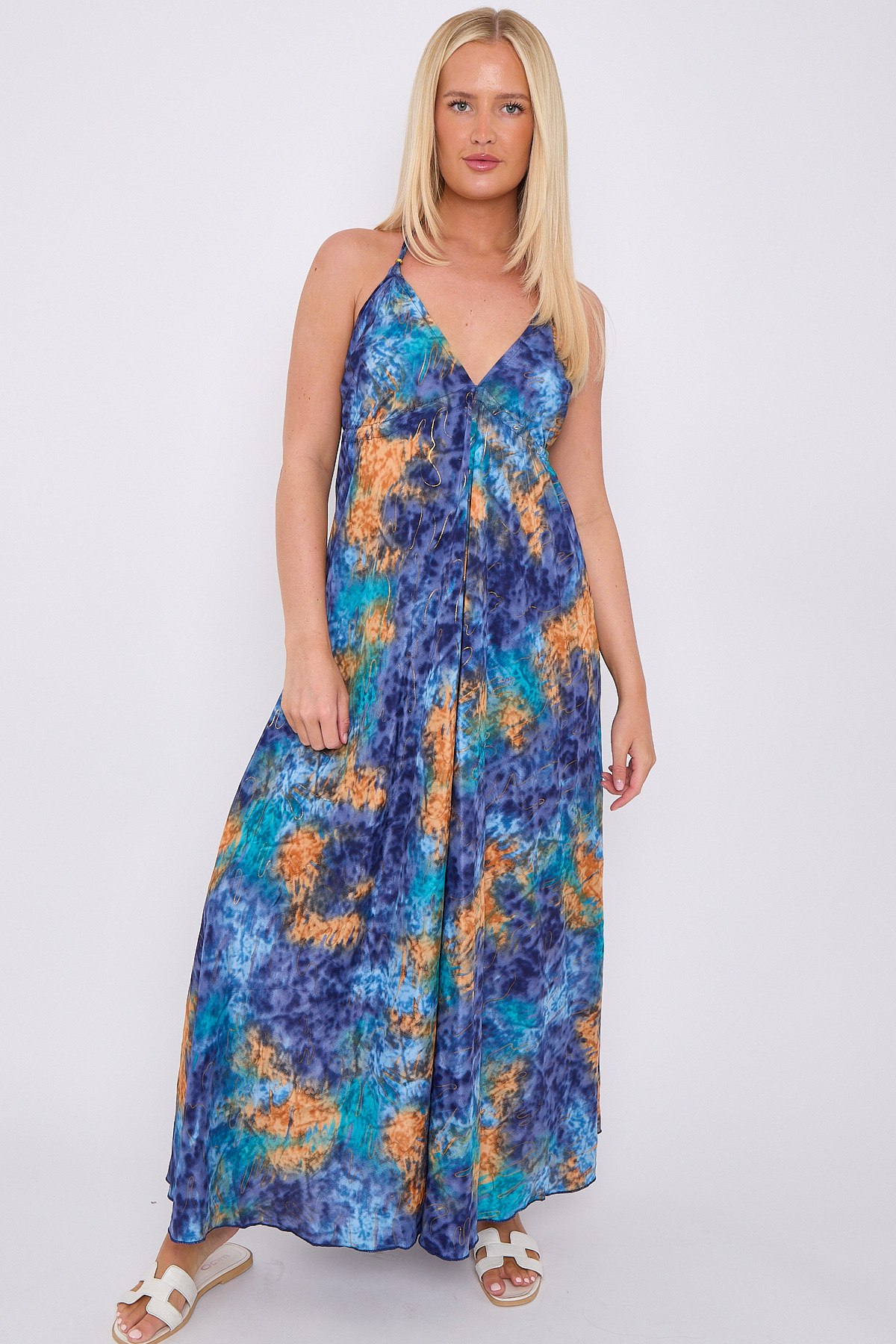 Großhändler SK MODE - Langes rückenfreies Bohème-Kleid für Frauen, abstrakter Druck 100% SEIDE. Ref- SKS63P56