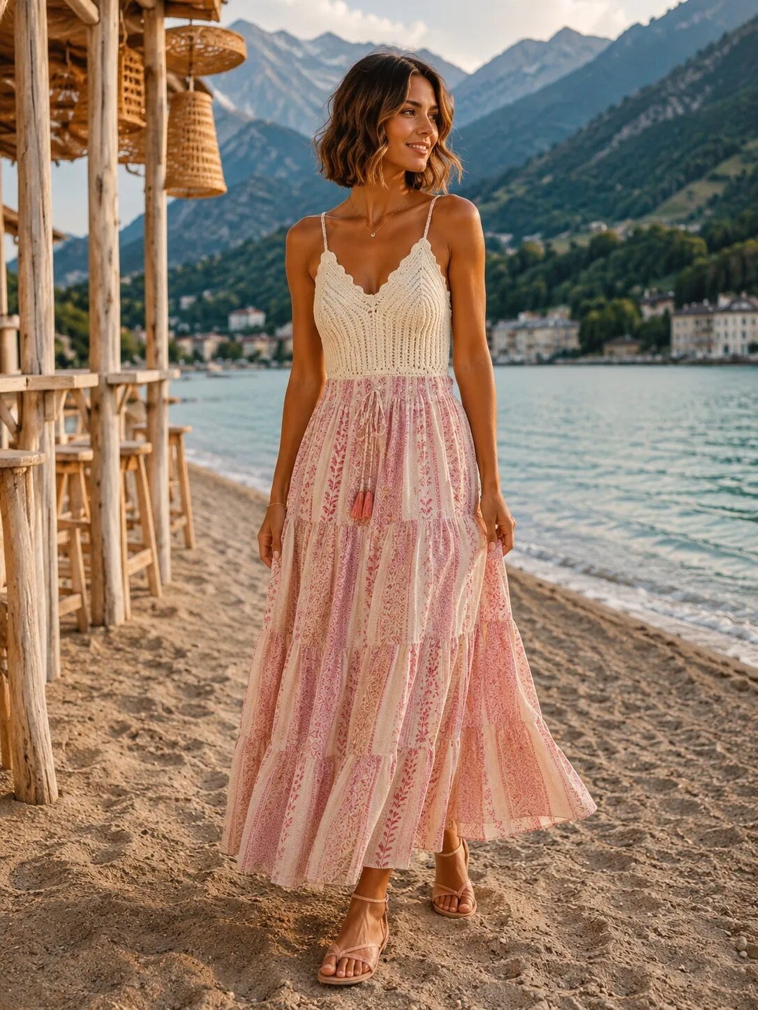 Grossiste SK MODE - Robe Longue Bohème Femme – Bretelles Fines, Haut Crochet, Imprimé Ethnique, Coupe Fluide Été-24-440