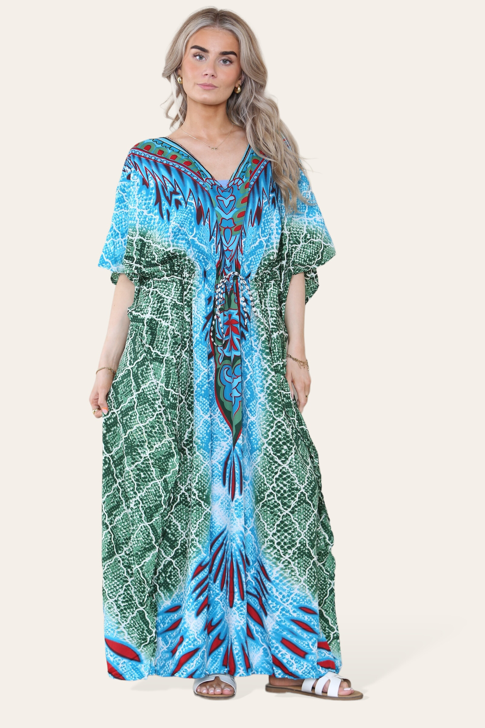 Wholesaler SK MODE - Long caftan caftan with green and vibrant geometric print ref-7031-L