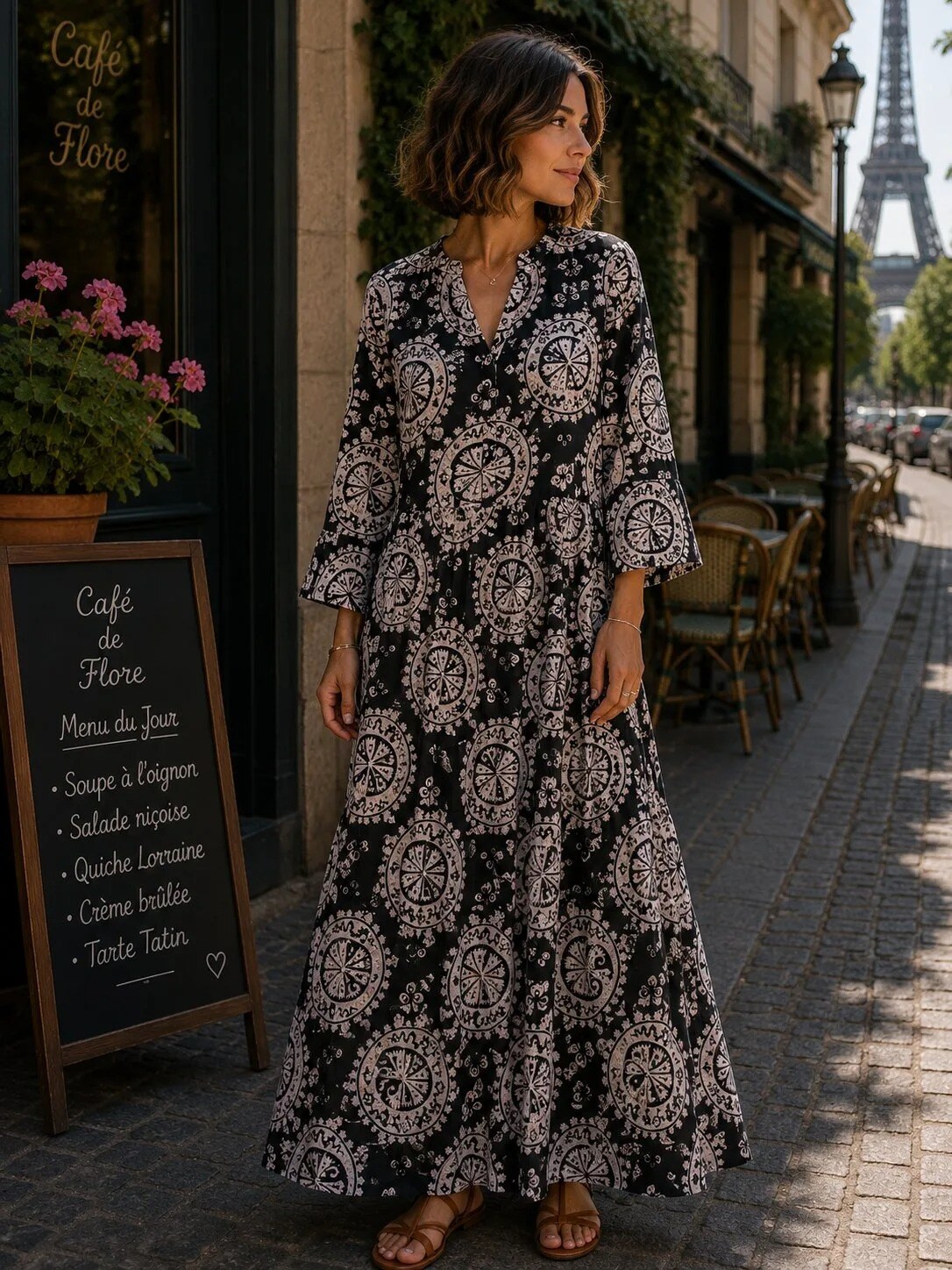 Mayorista SK MODE - Vestido Maxi Bohemio para Mujer – Estampado Mandala, Cuello en V y Mangas Acampanadas- SK1292