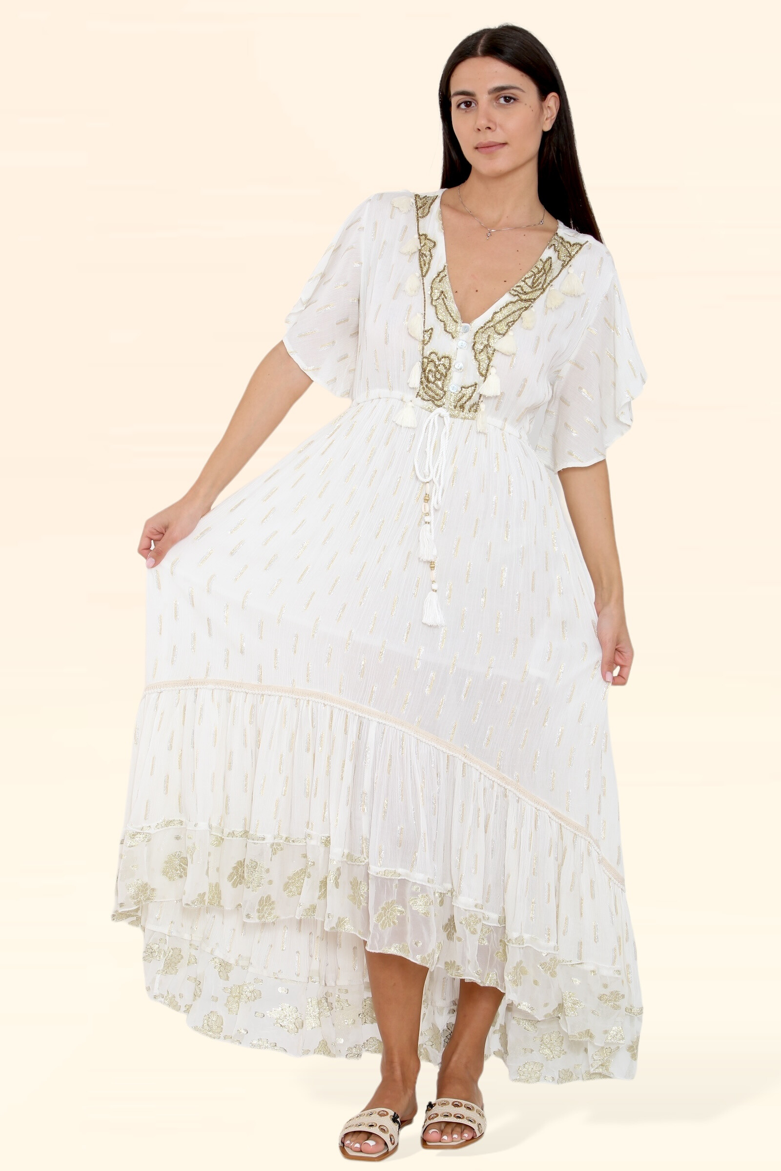 Wholesaler SK MODE - Long sleeve short dress Subtile edition golden cord hanging