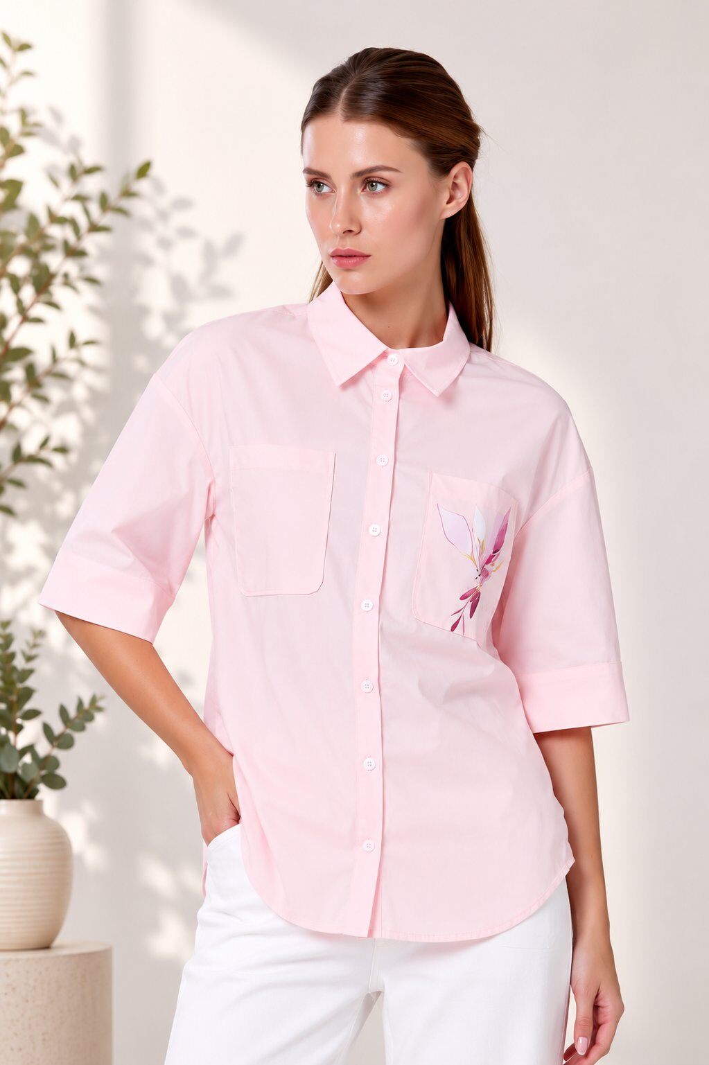 Grossiste Smart and Joy - Chemise Boutonnée en Coton Stretch Rose Élégante