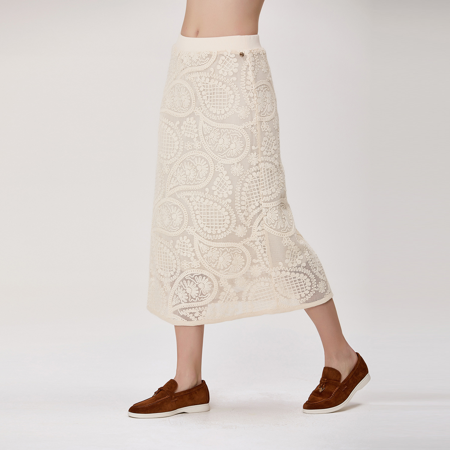 Großhändler Smart and Joy - Gerader Midi-Rock aus Guipure-Spitze mit Blumenmuster