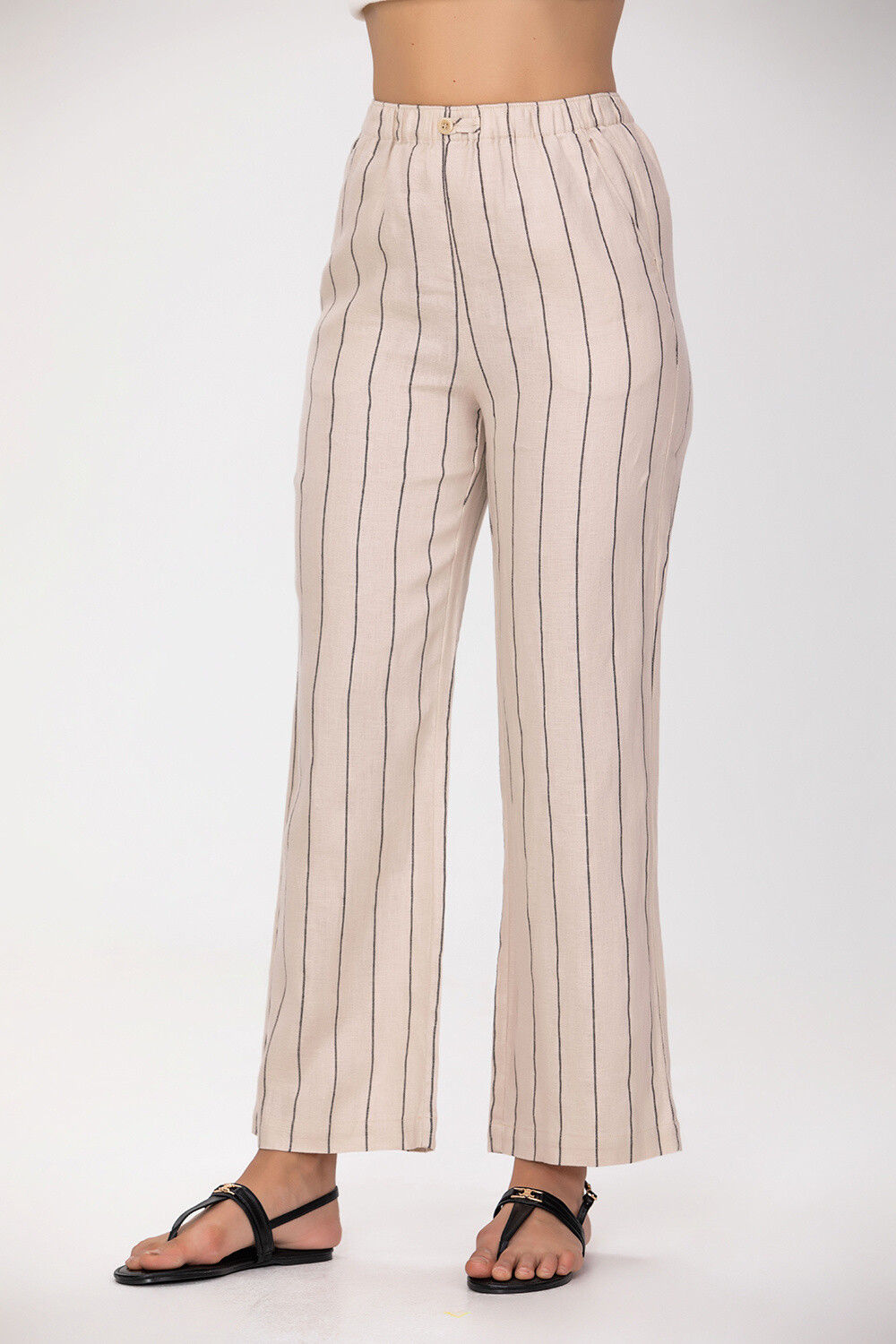 Grossiste Smart and Joy - Pantalon droit en lin à rayures fines