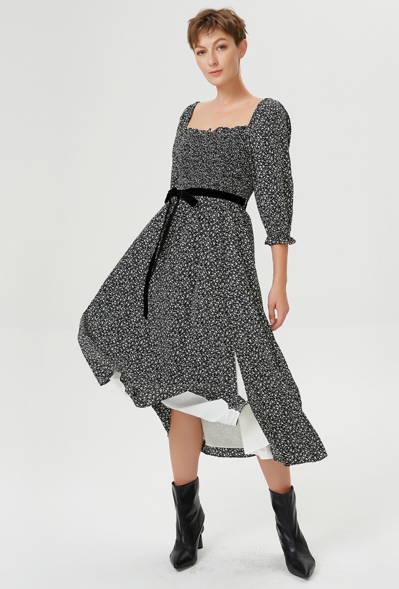 Wholesaler Smart and Joy - Flared smocked dress with square neck and liberty print
