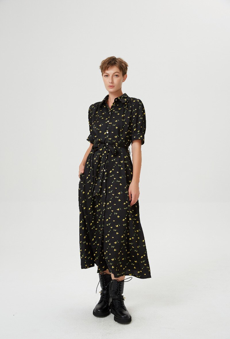 Wholesaler Smart and Joy - Ladybugs print shirt dress with belt and gathered shoulders