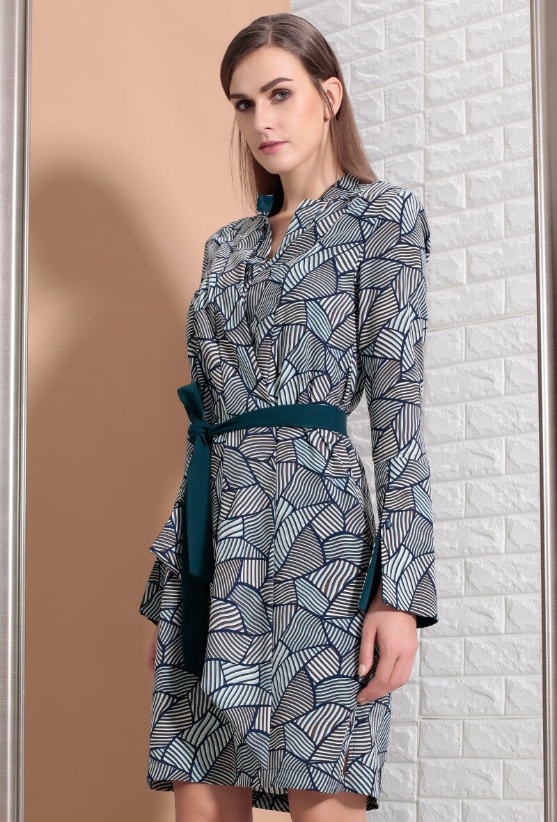 Wholesaler Smart and Joy - Tunic dress with satin trim and retro geometric print