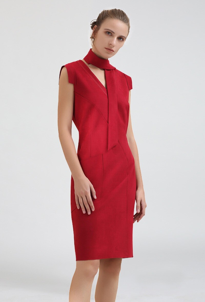 Wholesaler Smart and Joy - Fitted dress with V-neck and cuffs, stretch suede