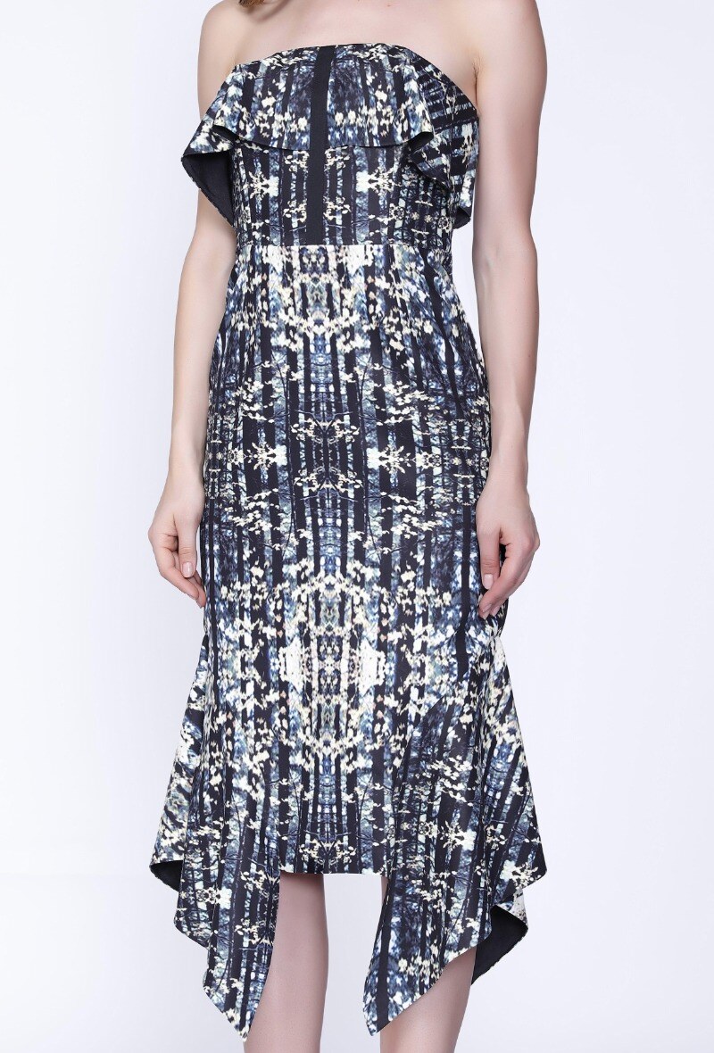 Wholesaler Smart and Joy - Printed cocktail dress, fitted strapless cut with bust and basque ruffles