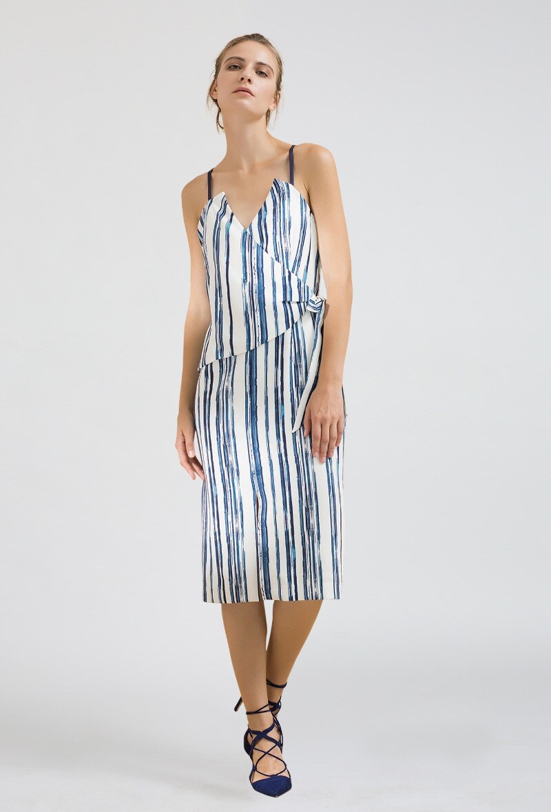 Wholesaler Smart and Joy - Striped Print Wrap Midi Slit Dress