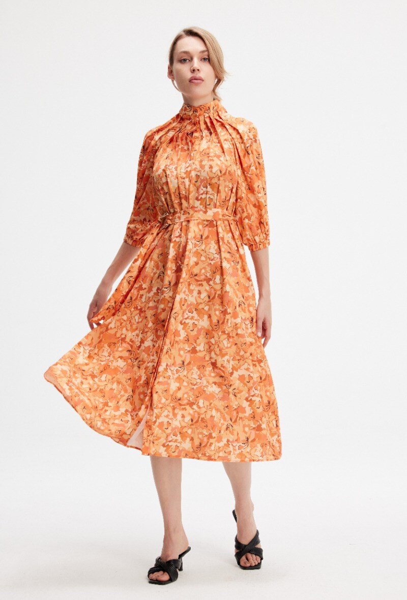 Mayorista Smart and Joy - Vestido camisero estampado con pliegues en el cuello