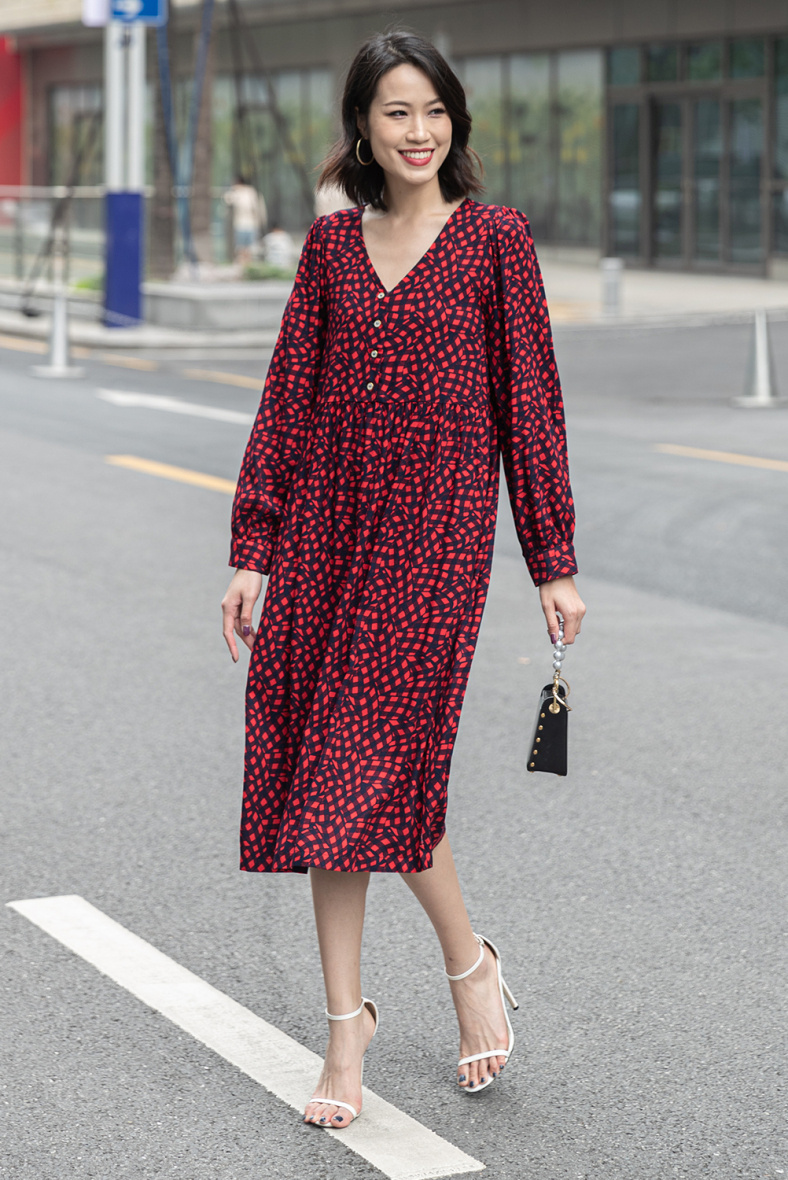 Mayorista Smart and Joy - Vestido midi de manga larga con estampado de vichy retorcido