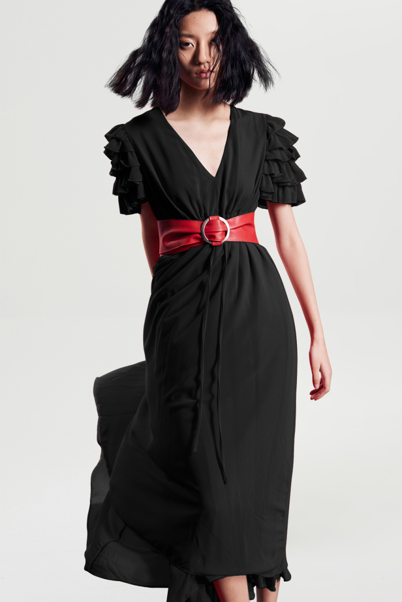 Mayorista Smart and Joy - Vestido midi con cuello de pico y mangas con volantes