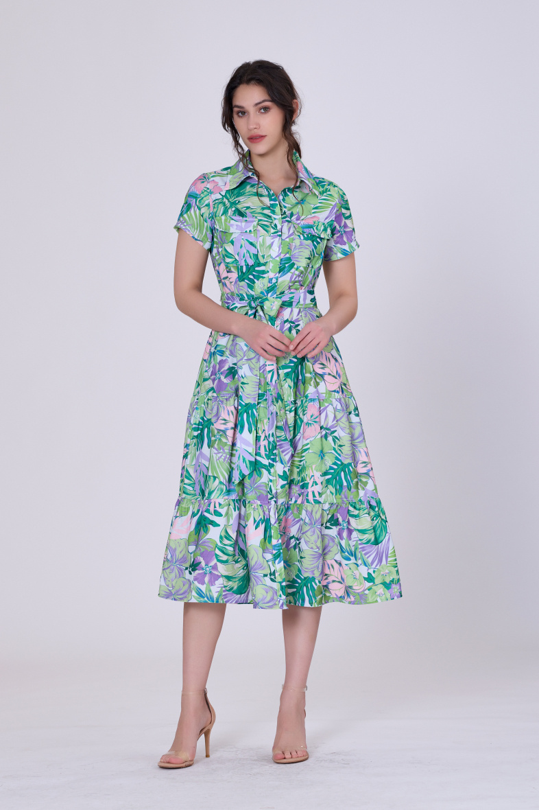 Mayorista Smart and Joy - Vestido camisero midi con estampado tropical