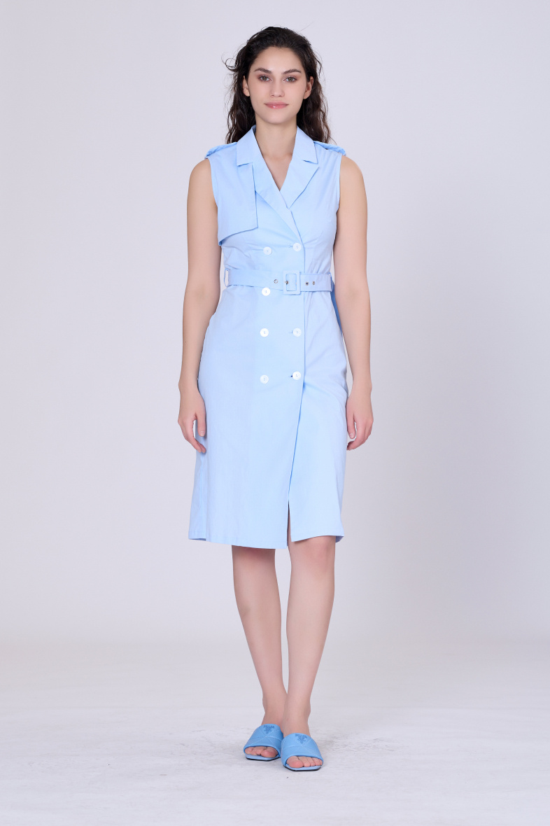 Grossiste Smart and Joy - Robe chemisier bleu ciel à double boutonnage