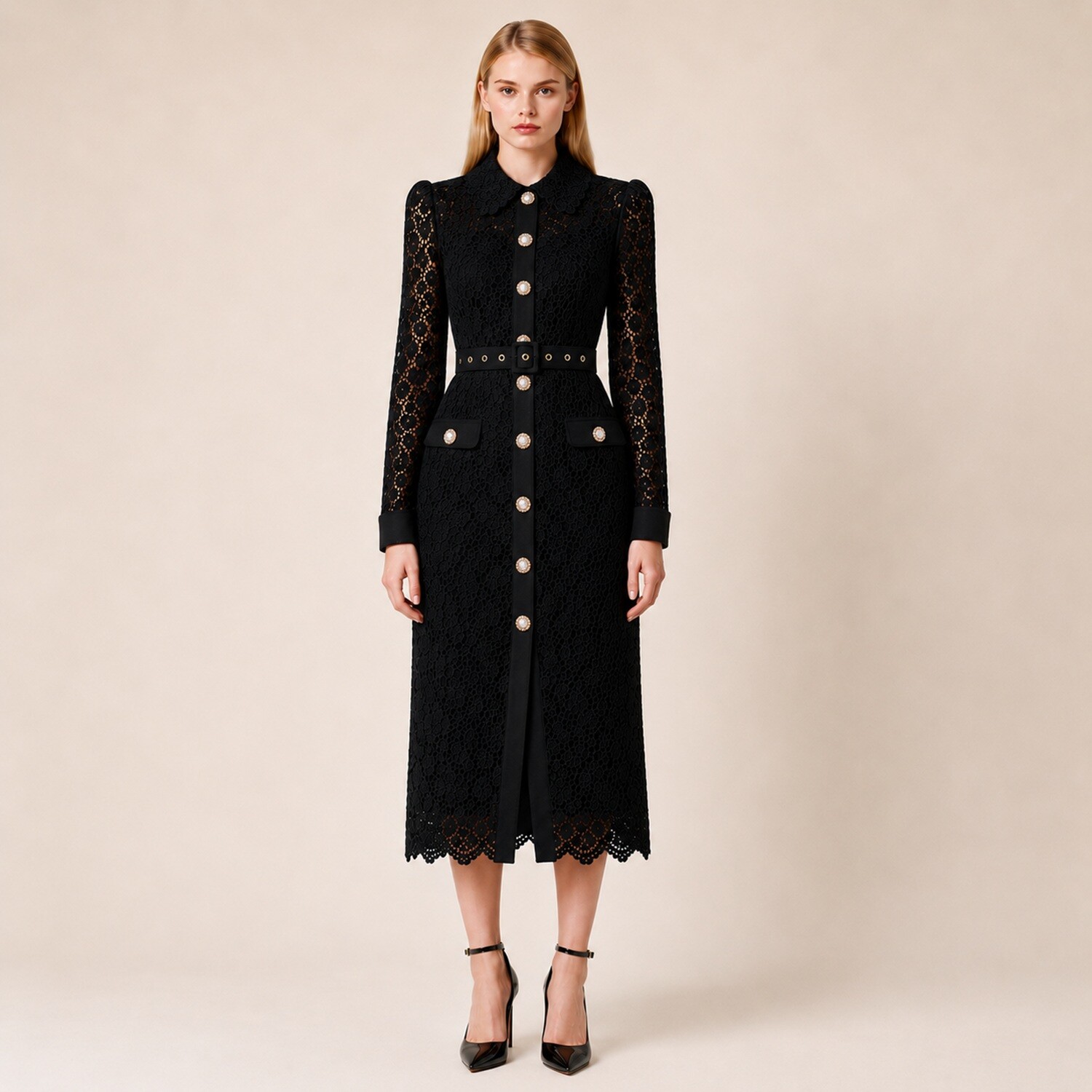 Grossiste Smart and Joy - Robe Chemisier en Dentelle à Manches Longues