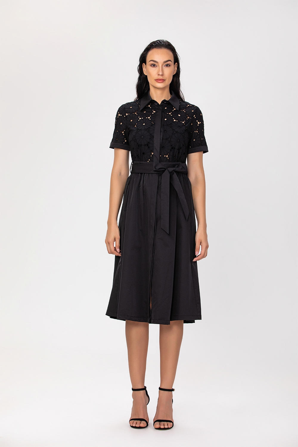 Grossista Smart and Joy - Abito camicia in pizzo e cotone con cintura
