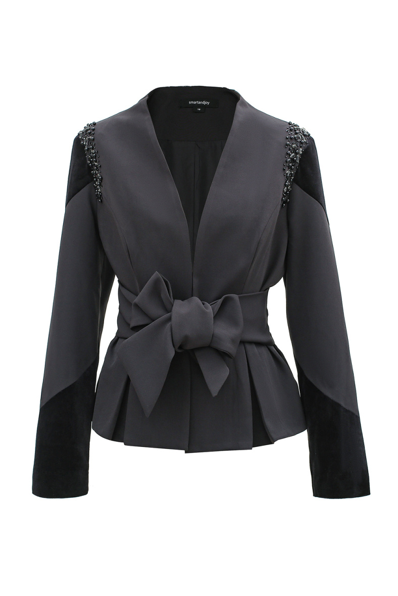 Grossista Smart and Joy - Giacca bimateriale con cintura larga con fiocco (con perle)
